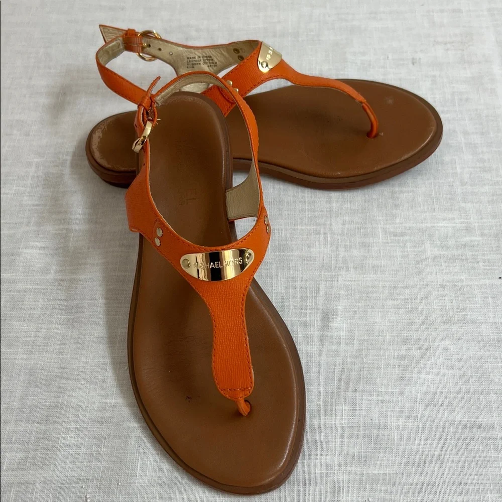 🌞 Michael Kors T-Strap Sandals in Tangerine with Gold Plate women 6.5